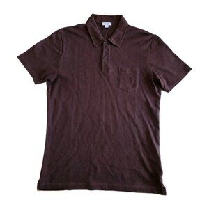 Sunspel Pique Polo Shirt Mens L Brown SS Riviera Buttons Lightweight Designer